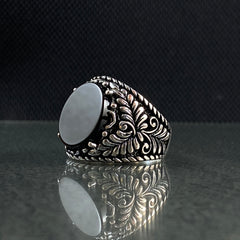 Round Black Stone 925 Silver Ring For Men