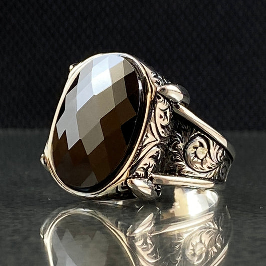 Hand Engraved Onyx Gemstone 925 Sterling Silver Men Ring