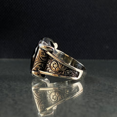 Hand Engraved Onyx Gemstone 925 Sterling Silver Men Ring