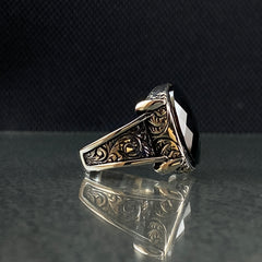 Hand Engraved Onyx Gemstone 925 Sterling Silver Men Ring