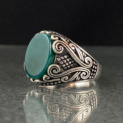 Green Agate Stone 925 Sterling Silver Men Handmade Ring