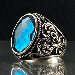 Aquamarine 925 Silver Blue Men Ring