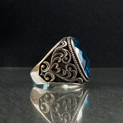 Aquamarine 925 Silver Blue Men Ring