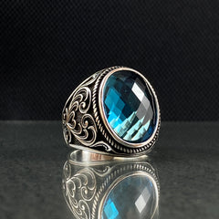 Aquamarine 925 Silver Blue Men Ring