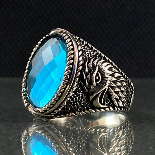 Aquamarine American Eagle 925 Silver Men Ring