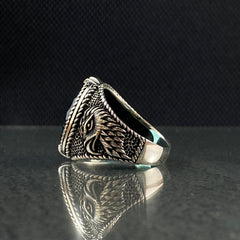 Aquamarine American Eagle 925 Silver Men Ring