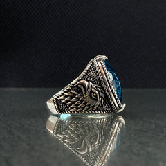 Aquamarine American Eagle 925 Silver Men Ring