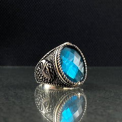 Aquamarine American Eagle 925 Silver Men Ring