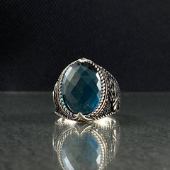 Aquamarine American Eagle 925 Silver Men Ring