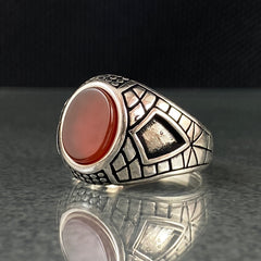 Oval Red Agate Stone 925 Sterling Silver Handmade Men Ring