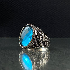 Aquamarine American Eagle 925 Silver Men Ring