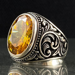 Oval Yellow Citrine Stone 925 Silver Men Ring