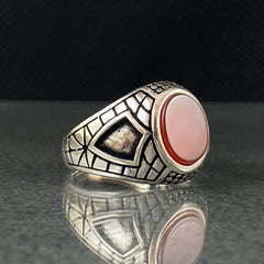 Oval Red Agate Stone 925 Sterling Silver Handmade Men Ring