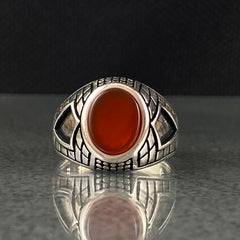 Oval Red Agate Stone 925 Sterling Silver Handmade Men Ring