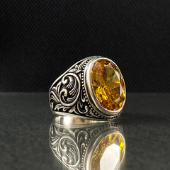 Oval Yellow Citrine Stone 925 Silver Men Ring