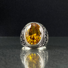 Oval Yellow Citrine Stone 925 Silver Men Ring