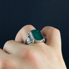 Hand Engraved Agate 925 Solid Silver Men Ring