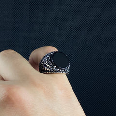 Round Black Stone 925 Silver Ring For Men