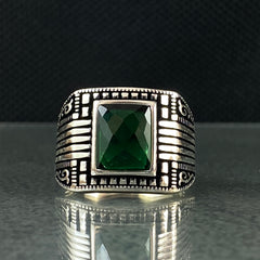 Green Emerald Stone 925 Sterling Silver Handmade Men Ring