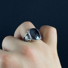 Hand Engraved Onyx Gemstone 925 Sterling Silver Men Ring