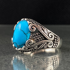 Oval Blue Turquoise Stone 925 Sterling Silver Handmade Men Ring