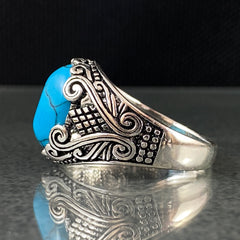 Oval Blue Turquoise Stone 925 Sterling Silver Handmade Men Ring