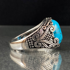 Oval Blue Turquoise Stone 925 Sterling Silver Handmade Men Ring