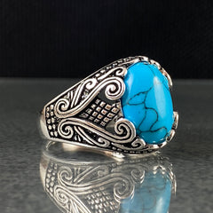 Oval Blue Turquoise Stone 925 Sterling Silver Handmade Men Ring