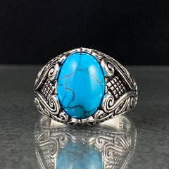 Oval Blue Turquoise Stone 925 Sterling Silver Handmade Men Ring