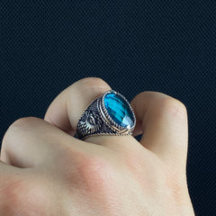 Aquamarine American Eagle 925 Silver Men Ring