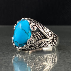 Oval Blue Turquoise Stone 925 Sterling Silver Handmade Men Ring