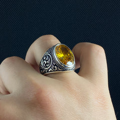 Oval Yellow Citrine Stone 925 Silver Men Ring