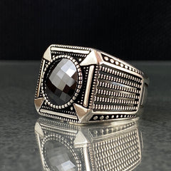 Round Stone 925 Sterling Silver Onyx Men Ring