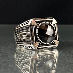 Round Stone 925 Sterling Silver Onyx Men Ring