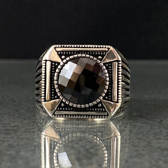 Round Stone 925 Sterling Silver Onyx Men Ring