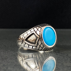 Minimalist Blue Turquoise Stone 925 Sterling Silver Handmade Men Ring