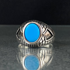 Minimalist Blue Turquoise Stone 925 Sterling Silver Handmade Men Ring