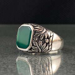 Hand Engraved Green Agate Stone 925 Solid Silver Men Ring