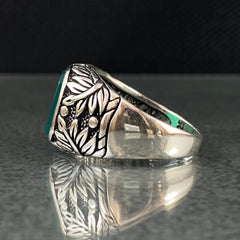 Hand Engraved Green Agate Stone 925 Solid Silver Men Ring