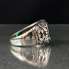 Hand Engraved Green Agate Stone 925 Solid Silver Men Ring