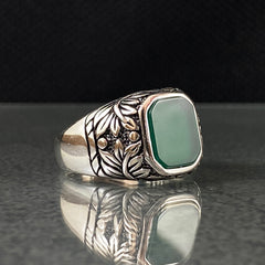 Hand Engraved Green Agate Stone 925 Solid Silver Men Ring