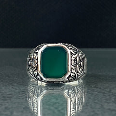 Hand Engraved Green Agate Stone 925 Solid Silver Men Ring