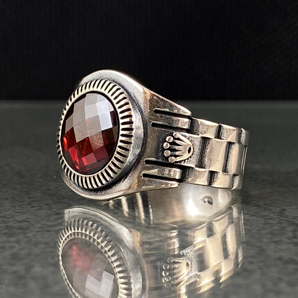 Red Rolex Ruby Stone 925 Sterling Silver Men Ring