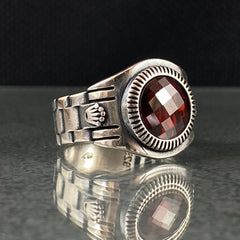 Red Rolex Ruby Stone 925 Sterling Silver Men Ring