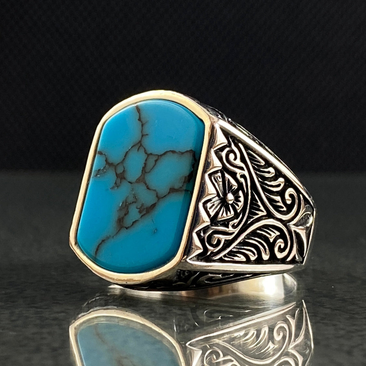 Turquoise Stone 925 Silver Men Hand Engraved Ring