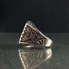 Turquoise Stone 925 Silver Men Hand Engraved Ring