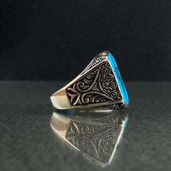 Turquoise Stone 925 Silver Men Hand Engraved Ring