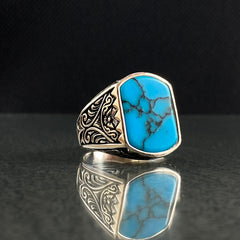 Turquoise Stone 925 Silver Men Hand Engraved Ring