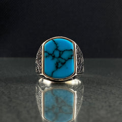 Turquoise Stone 925 Silver Men Hand Engraved Ring