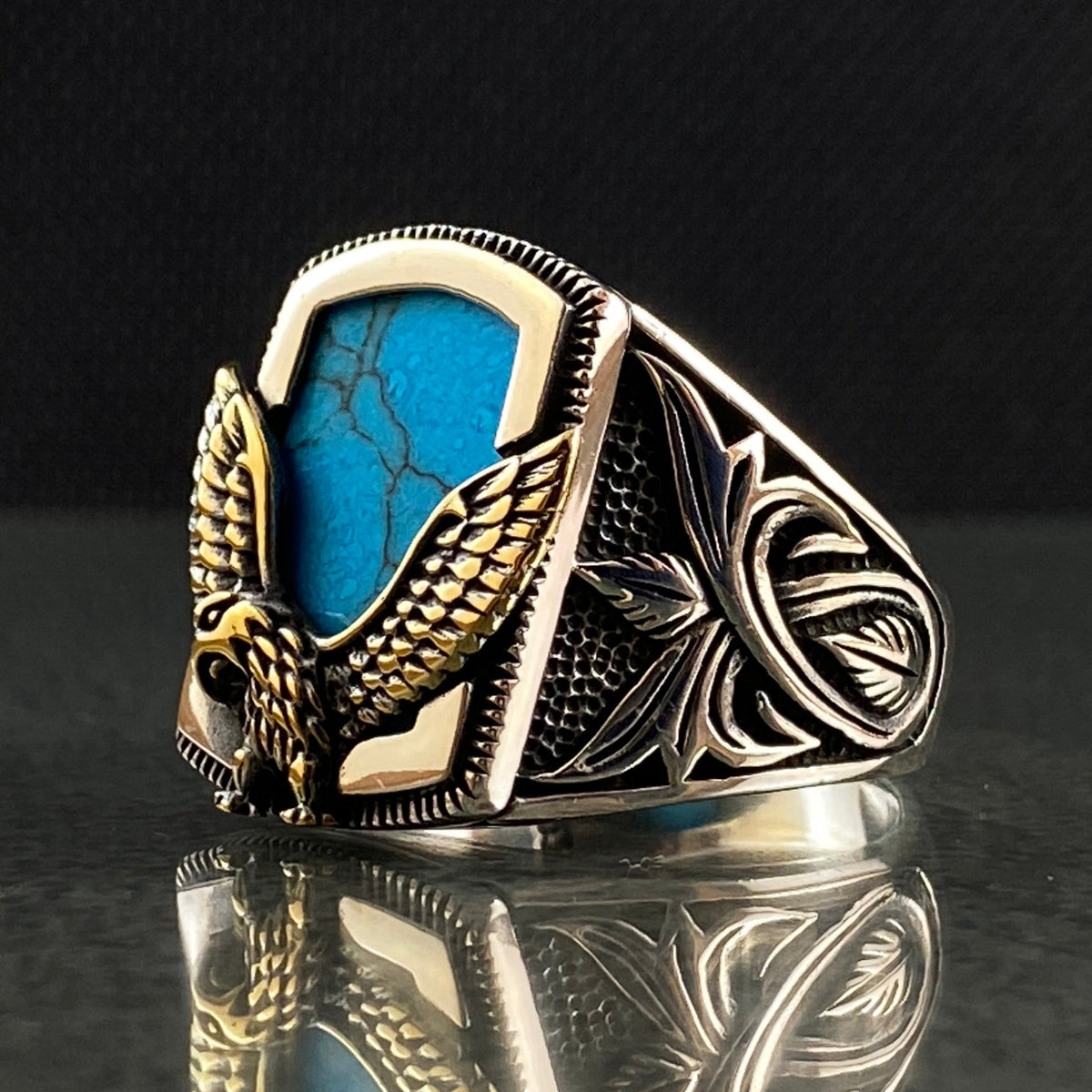 Turquoise Gemstone 925 Silver Eagle Animal Men Ring